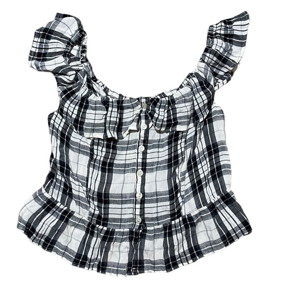 American Eagle Outfitters Tops - American Eagle Plaid Ruffle Button Up Crop Top | Women's L